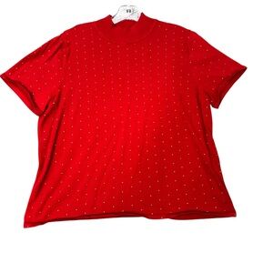 Jones New York Women’s Sz 1X Red High Neck Sweater Short Sleeves Gold Beading